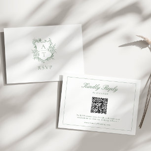 Cartão De Informações Sage Green Monogramas Crest Casamento QR Code RSVP