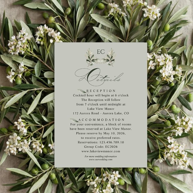 Cartão De Informações Sage Green Olive Branch Monogram Wedding Details  (Criador carregado)