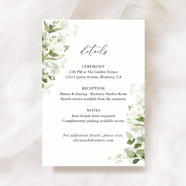 Cartão De Informações Sage Green Organic Greenery Wedding Details, Info (Sage green organic greenery wedding details card with watercolor florals, botanical info enclosure)