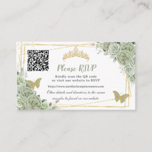 Cartão De Informações Sage Green Rosas Floral Dourada Quinceañera RSVP Q