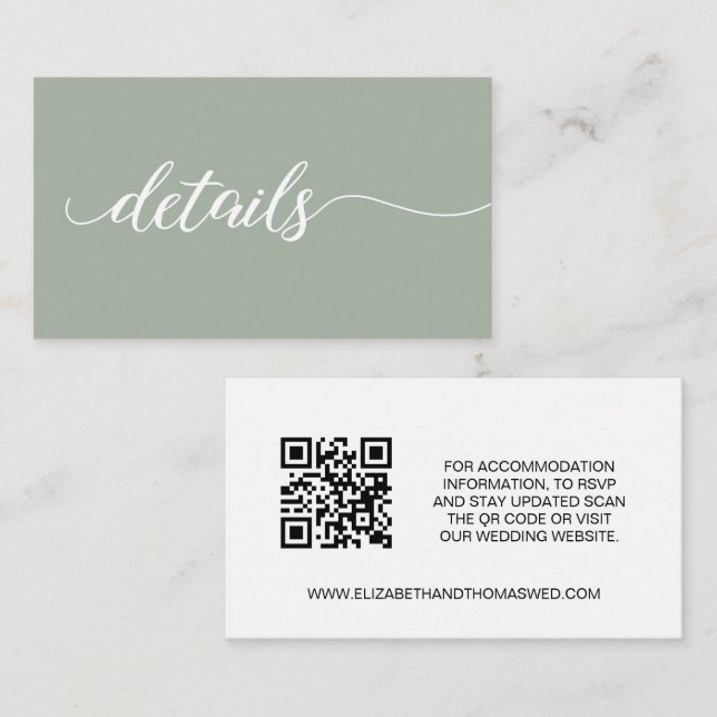 Cartão De Informações Sage green script Details Wedding website QR code (Frente/Verso)