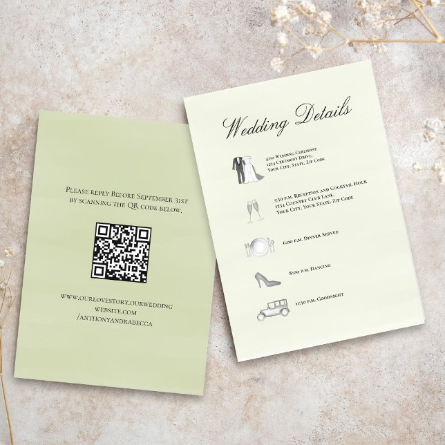 Cartão De Informações Sage Green Wedding Details QR Code Timeline Card (Elegant sage green wedding details card with timeline layout and soft calligraphy script)