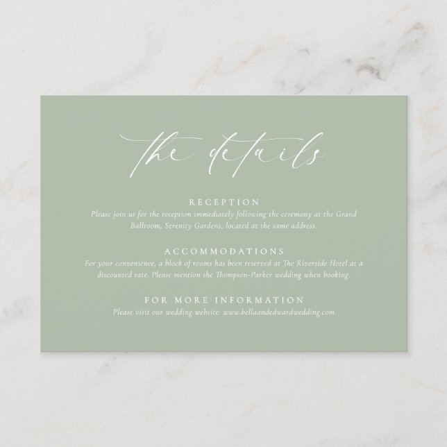 Cartão De Informações Sage Green Wedding Enclosure Card (Frente)