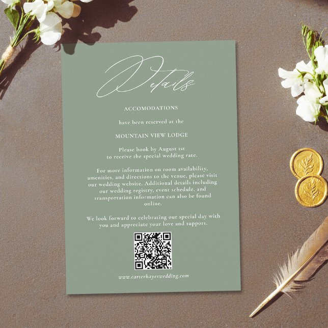Cartão De Informações Sage Green White Modern QR Code Wedding Details (sage green wedding details elegant modern calligraphy white simple contemporary stylish)