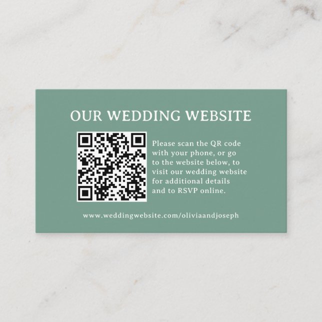Cartão De Informações Sage Verde | Código QR do Site de Casamento (Frente)