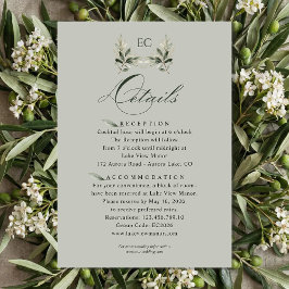 Cartão De Informações SageGreenOlive Branch Monogram Wedding Details 