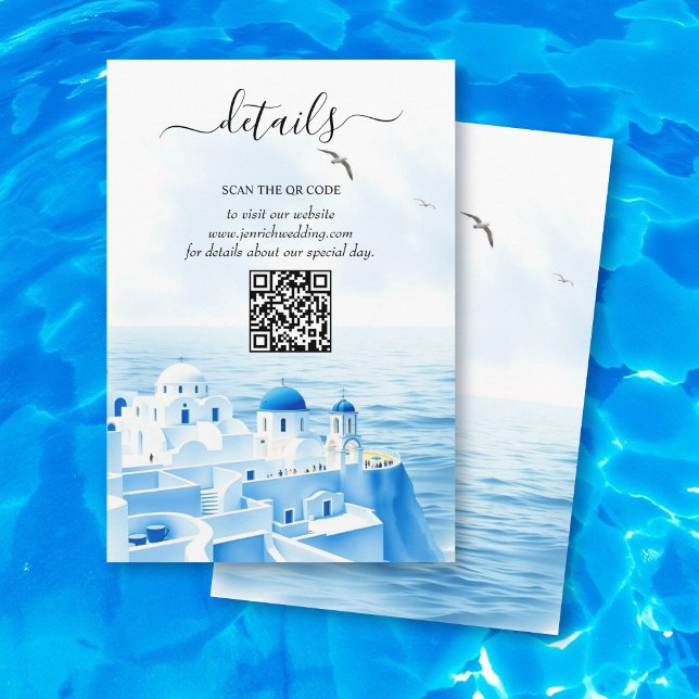 Cartão De Informações Santorini Grécia detalhes de casamento aquarela QR (Criador carregado)