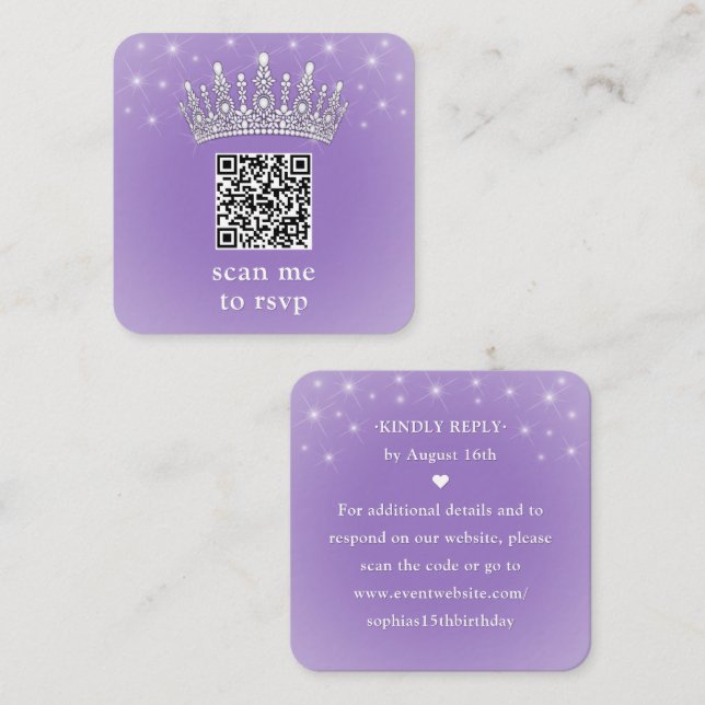 Cartão De Informações Scan Me QR RSVP Quinceañera Crown Lilac Purple (Frente/Verso)