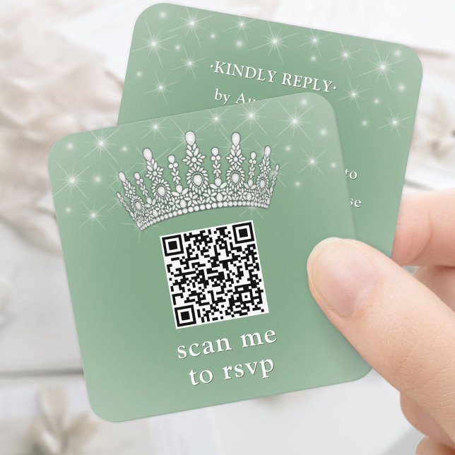 Cartão De Informações Scan Me QR RSVP Quinceañera Crown Sage Green (Criador carregado)