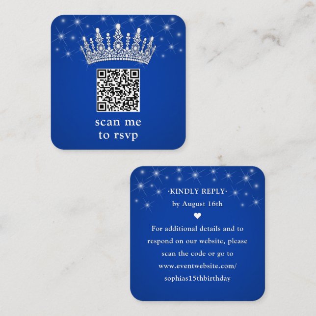 Cartão De Informações Scan Me RSVP QR Code Quinceañera Crown Royal Blue (Frente/Verso)