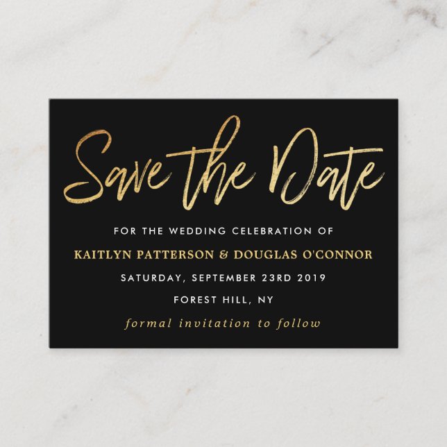 Cartão De Informações Script De Folha Ouro Moderno Salva A Data (Frente)