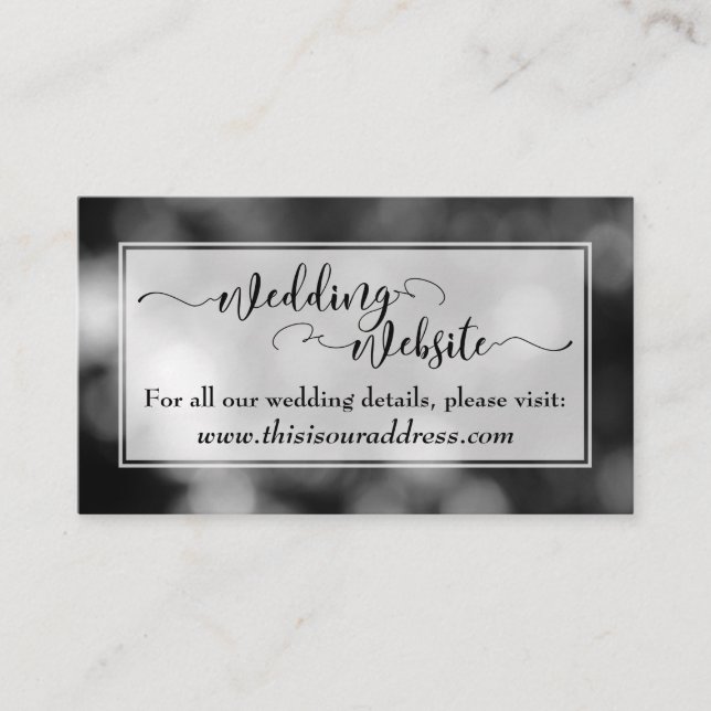 Cartão De Informações Script de Site de Casamento, Bokeh Preto e Branco (Frente)