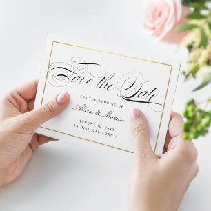 Cartão De Informações Script Elegante de Caligrafia Salvar a Data Faux D