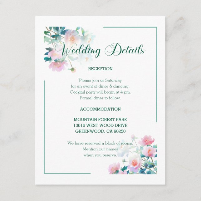 Cartão De Informações Script Font Pastel Garden Flowers Wedding (Frente)