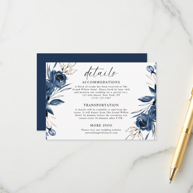 Cartão De Informações Script Moderno Simples Detalhes de Casamento Azul  (Frente/Verso In Situ)