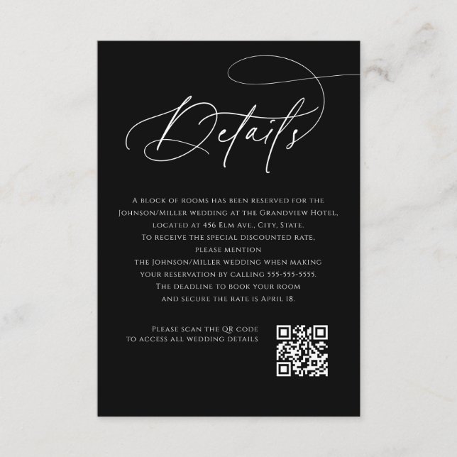 Cartão De Informações Script Monogram Wedding Details Black QR Code (Frente)