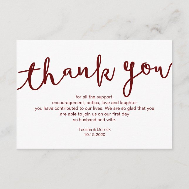Cartão De Informações Script Rustic Burgundy, Casamento Obrigado (Frente)