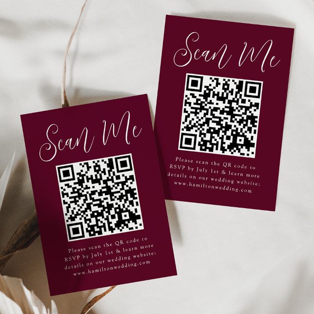 Cartão De Informações Script Simples Código QR Borgonha RSVP Casamento (Criador carregado)