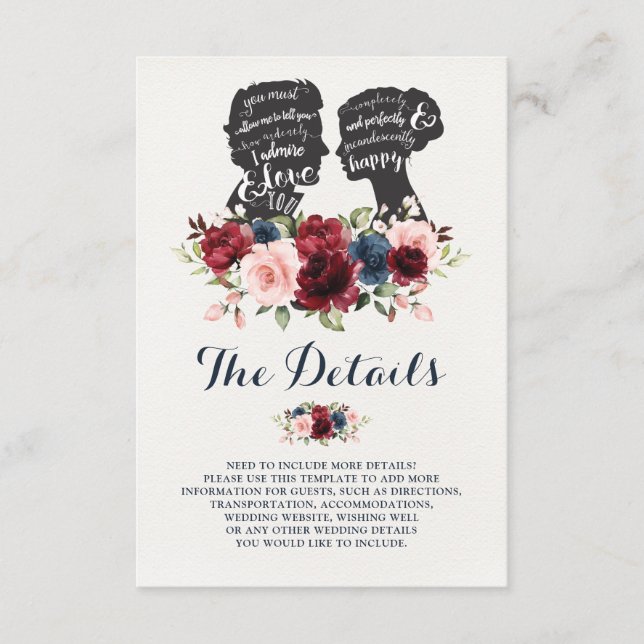 Cartão De Informações Silhuetas Românticas Marinho Maroon Detalhes Flora (Frente)