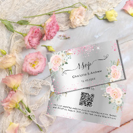 Cartão De Informações Silver Flores Rosa Site do casamento RSVP Código Q