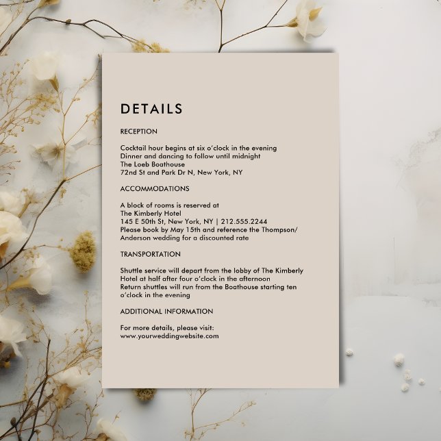 Cartão De Informações Simple Beige Wedding Details  (Simple Beige Wedding Details Enclosure Card)