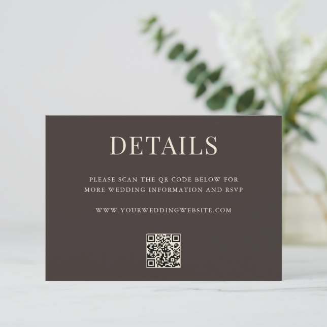 Cartão De Informações Simple Brown Modern QR Code Wedding Details (Em pé/Frente)