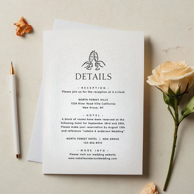 Cartão De Informações Simple Minimal Wine Cheers Wedding Details (Criador carregado)