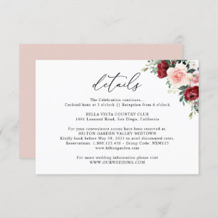 Cartão De Informações Simples Burgundy Blush Floral Detalhes do Casament