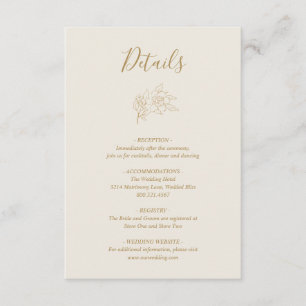 Cartão De Informações Simples Elegante Arte Floral Dourada Casamento de