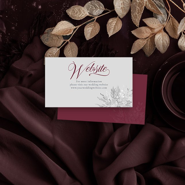 Cartão De Informações Site de Casamento Botânico de Cinzas da Borgonha (Wedding Website Insert Card in Burgundy and Grey from the Foliage Duet Collection by Darling & May)