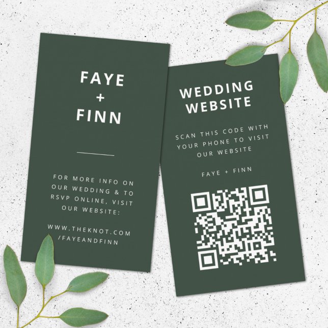 Cartão De Informações Site de Casamento | Código QR Verde Scandi Minimal (Direct guests seamlessly to your wedding website using this QR code photo enclosure card)