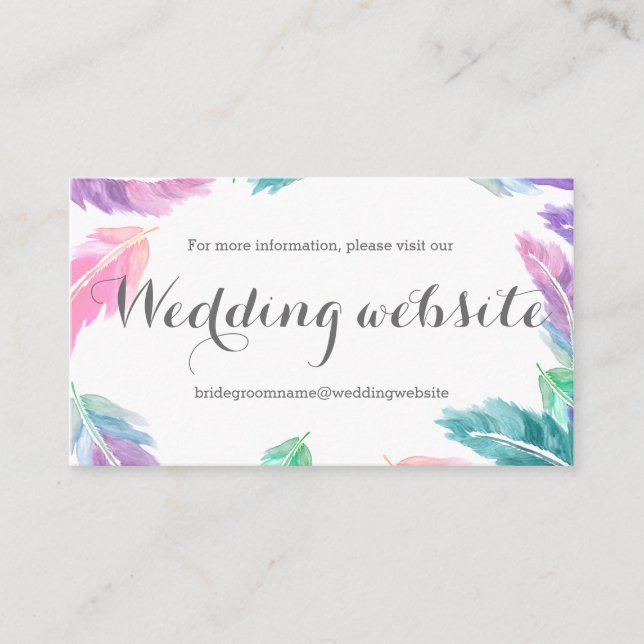 Cartão De Informações Site de casamento de penas pintadas com aquarelas (Frente)