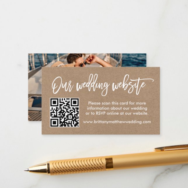 Cartão De Informações Site de Casamento de Script de Pincel Foto QR Kraf (Frente/Verso In Situ)