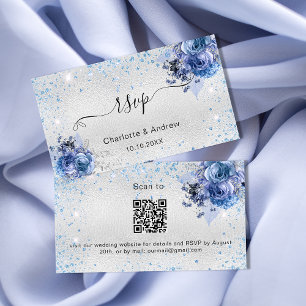 Cartão De Informações Site de casamento floral azul de prata RSVP Código
