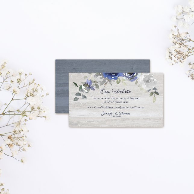 Cartão De Informações Site de Casamento Floral de marinho Azul Silver Wa (Criador carregado)