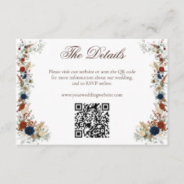 Cartão De Informações Site de Casamento QR Floral Azul Marinho e Laranja