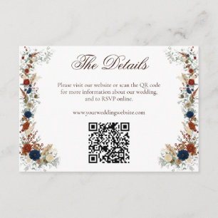 Cartão De Informações Site de Casamento QR Floral Azul Marinho e Laranja