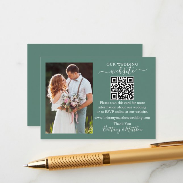 Cartão De Informações Site de Casamento QR Foto Eucalyptus Green (Frente/Verso In Situ)
