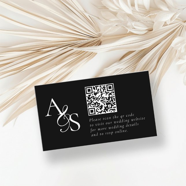 Cartão De Informações Site de Casamento, RSVP, Código QR, Elegante, Mono (Criador carregado)