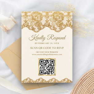 Cartão De Informações Site de Casamento RSVP Código QR Renda Folha Doura