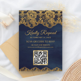 Cartão De Informações Site de Casamento RSVP de Código QR do Blue Gold F