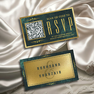 Cartão De Informações Site de Casamento RSVP de Código QR Dourado Emeral