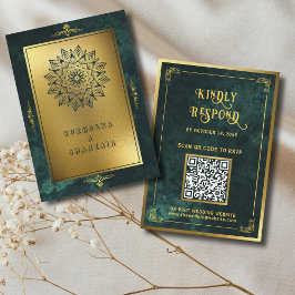 Cartão De Informações Site de Casamento RSVP de Código QR Dourado Emeral