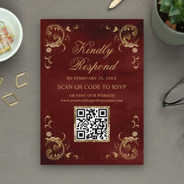 Cartão De Informações Site de Casamento RSVP de Código QR Dourado Vermel (Criador carregado)
