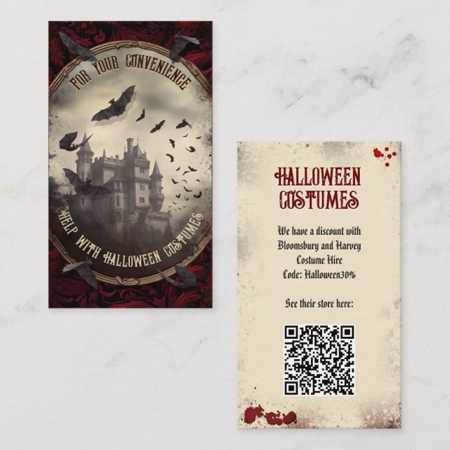 Cartão De Informações Site de Fantasias de Halloween com Código QR Caste (Frente/Verso)