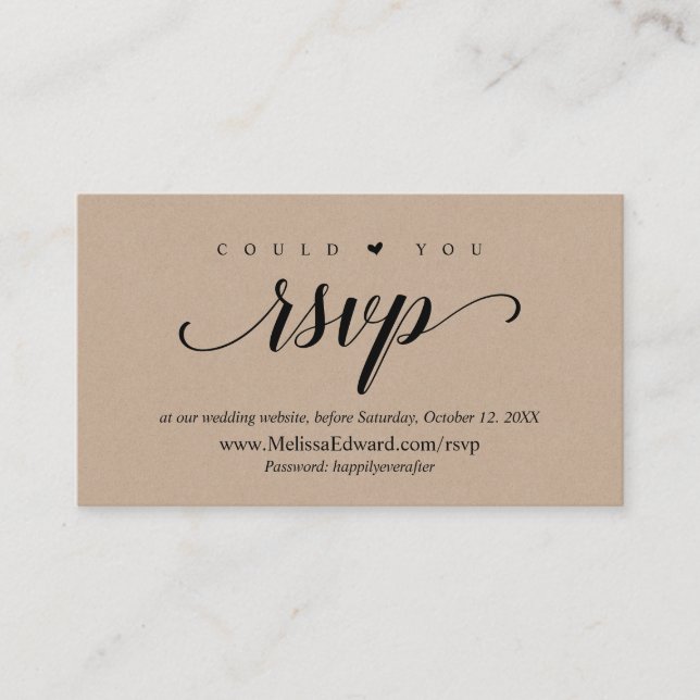 Cartão De Informações Site de RSVP Online, Rustic Brown Kraft (Frente)