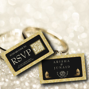 Cartão De Informações Site Real Dourado Damask Muslim QR Code RSVP Wedd