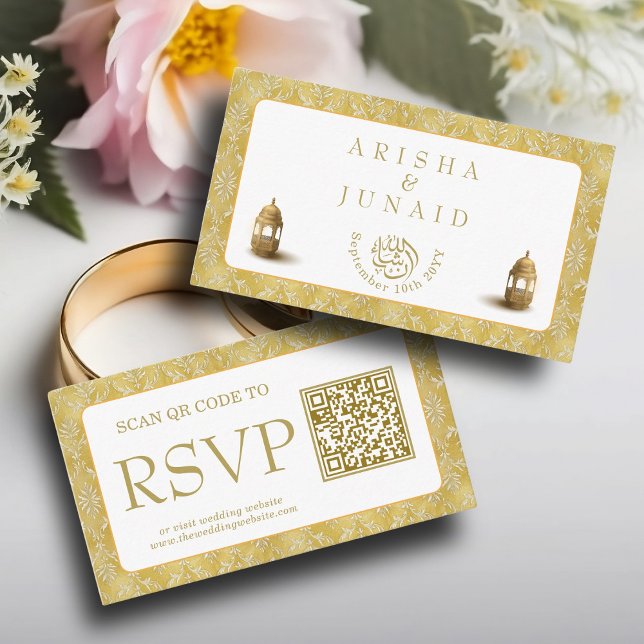 Cartão De Informações Site Real Dourado Damask Muslim QR Code RSVP Wedd  (Criador carregado)