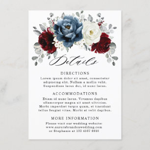 Cartão De Informações Slate Blue Burgundy White Ivory Floral Casamento