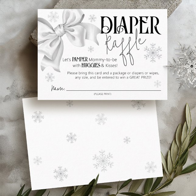 Cartão De Informações Snow In Love Bow Winter Baby Shower Diaper Raffle (Winter wonderland black and white coquette bow snow in love snowflake baby shower diaper raffle card)